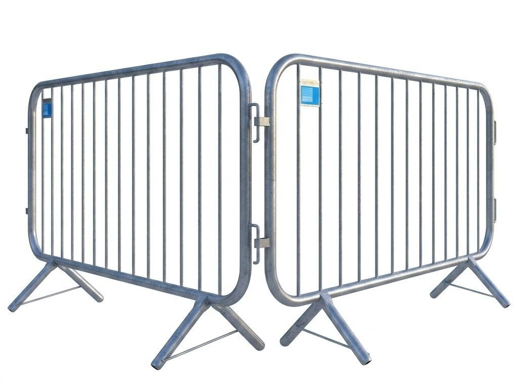 Stacked galvanized crowd control barriers
